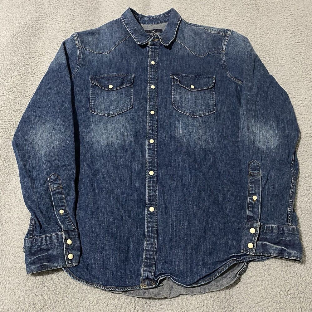 American Eagle Denim Pearl Snap Shirt Mens Large Blue Pockets Western Cowboy Y2K